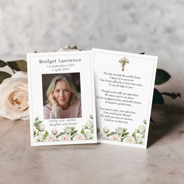 White roses memorial photo prayer card (Creator Uploaded)