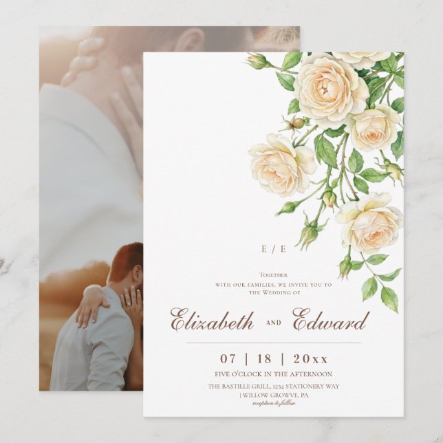 White Roses Modern Elegant Flower Wedding  Invitation (Front/Back)