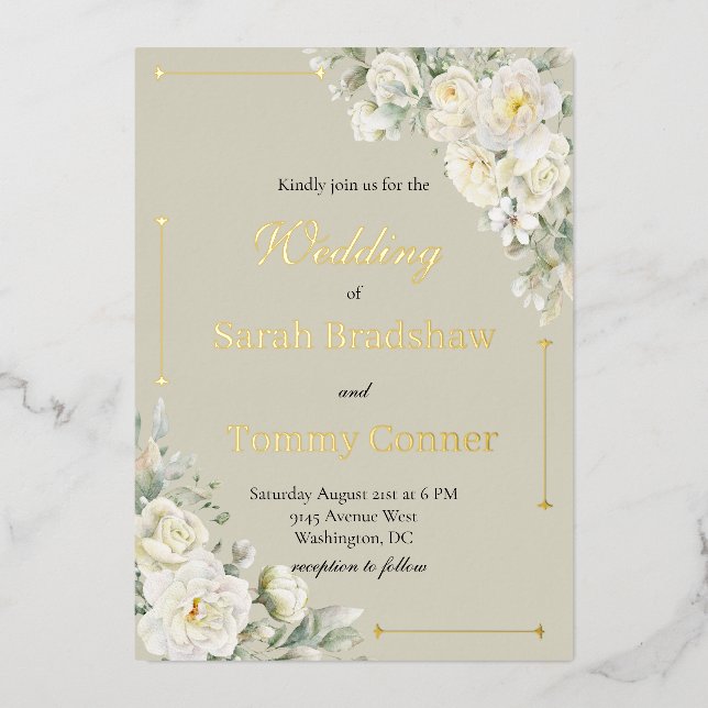 White Roses Modern Foil Wedding Invitation (Front)