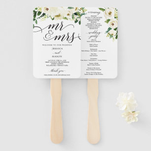 White Roses Mr and Mrs Wedding Program Fan
