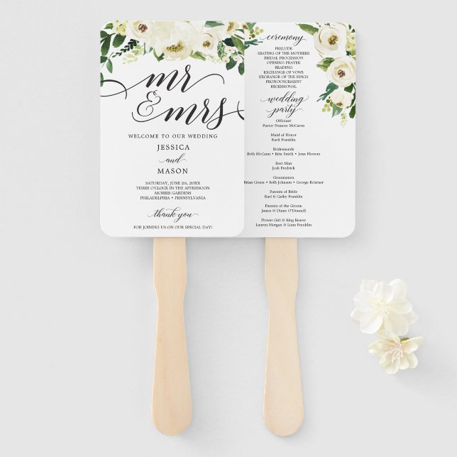 White Roses Mr and Mrs Wedding Program Fan (Front and Back)