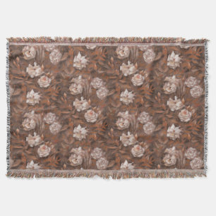 White roses, nostalgic floral pattern earth colour throw blanket
