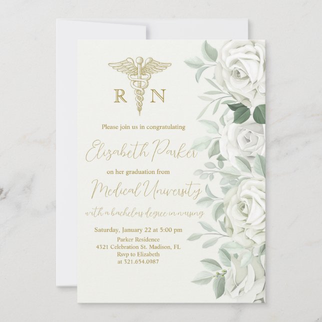 White Roses Nursing Graduation Party Invitation (Front)