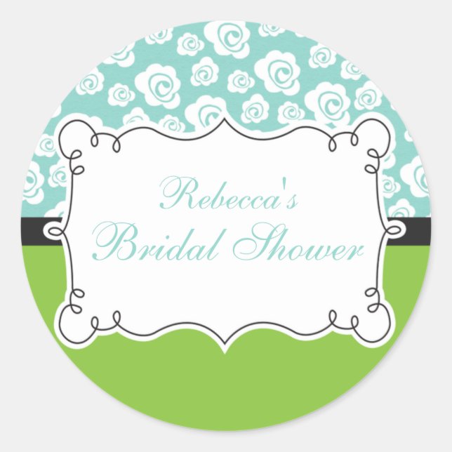 White Roses on Aqua & Green Bridal Shower Classic Round Sticker (Front)