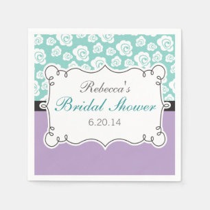 White Roses on Aqua & Purple Bridal Shower Napkin