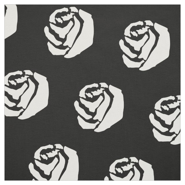 White roses on black background fabric (Swatch)