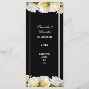 White roses on black church wedding program programme