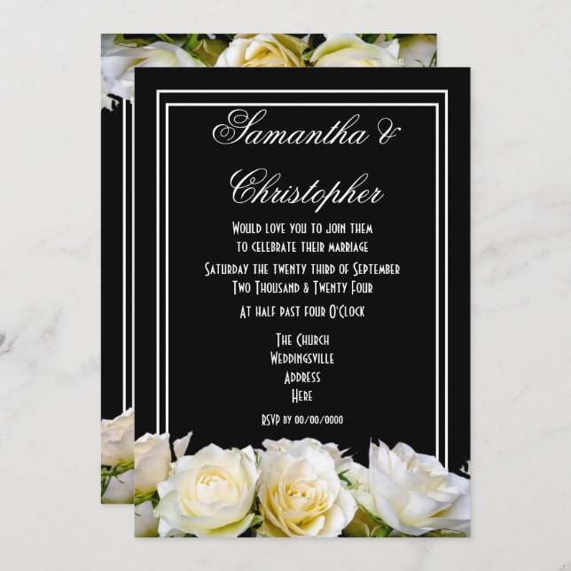 White roses on black floral wedding invitation (Front/Back)