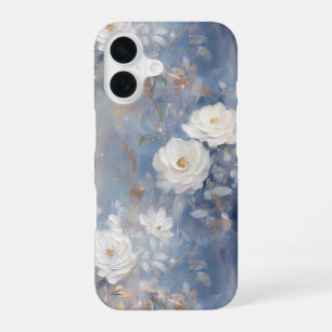 White Roses on Blue Background Oil Paint Style iPhone 16 Case