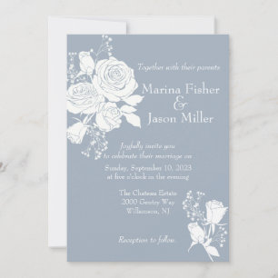 White Roses on Dusty Blue Wedding Invitation