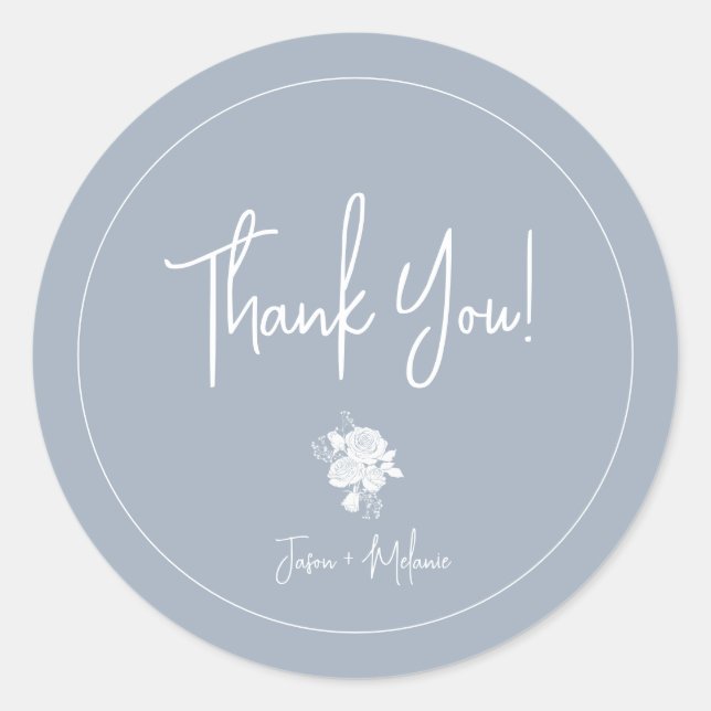 White Roses on Dusty Blue Wedding Thank YouSticker Classic Round Sticker (Front)