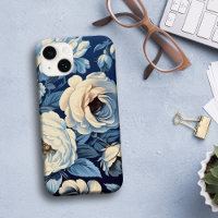White Roses on Indigo Blue Background