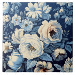 White Roses on Indigo Blue Background Tile<br><div class="desc">Antique white roses and daisies on a rich indigo blue background.</div>