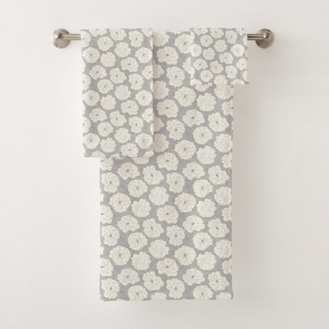 White Roses on Light Gray - seamless pattern. Bath Towel Set (Insitu)