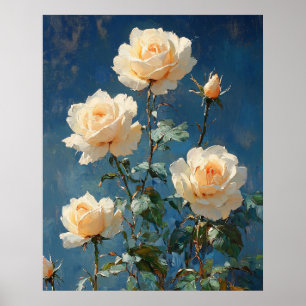 White Roses on Navy Background Poster