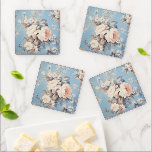 White Roses on Rustic Blue Background Coaster Set<br><div class="desc">Lush antique white roses and wildflowers on rustic blue background.</div>
