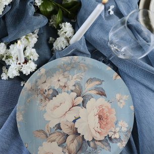 White Roses on Rustic Blue Background Paper Plate