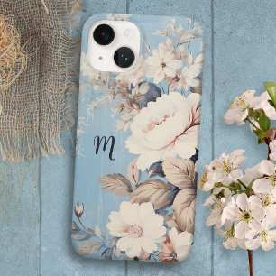 White Roses on Rustic Blue Background w/Monogram iPhone 14 Case