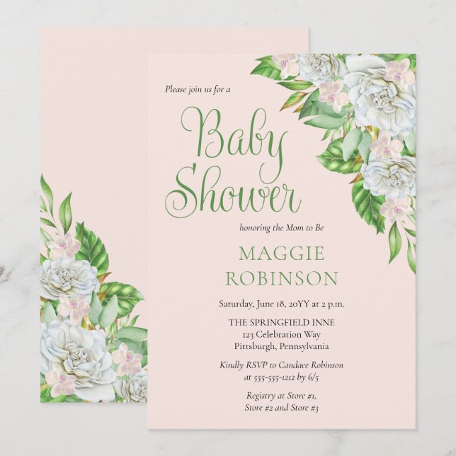 White Roses | Orchids Boho Floral Girl Baby Shower Invitation (Front/Back)