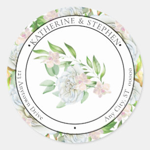 White Roses   Orchids Boho Floral Return Address  Classic Round Sticker
