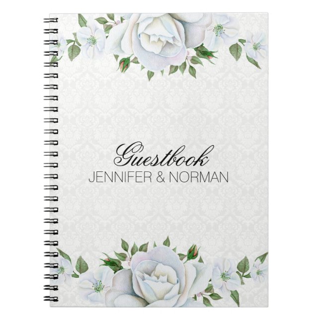 White Roses Over White Damask Spiral Notebook (Front)