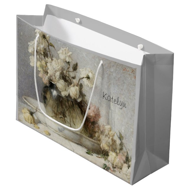 White roses painting large gift bag (Front Angled)