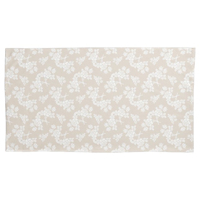 White Roses Pattern over Tan Light Brown Pillowcase (Front)
