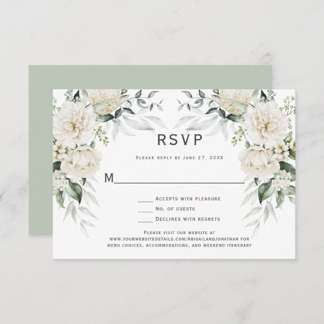White Roses, Peonies Eucalyptus RSVP Invitation (Front/Back)