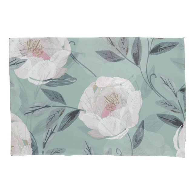 White Roses Peonies: Floral Embroidery. Pillowcase (Front)