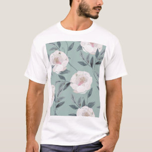 White Roses Peonies: Floral Embroidery. T-Shirt
