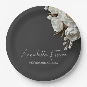 White Roses & Peonies on Dark Charcoal Custom Name Paper Plate