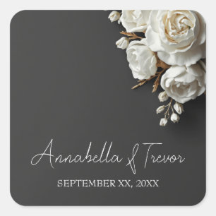 White Roses & Peonies on Dark Charcoal Custom Name Square Sticker