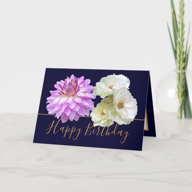 White Roses & Pink Dahlia Floral Bouquet Birthday Card (Front)