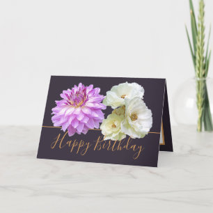 White Roses & Pink Dahlia Floral Bouquet Birthday Card