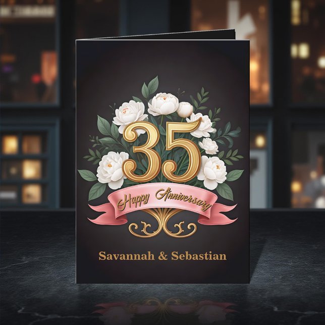 White Roses Pink Ribbon 35th Wedding Anniversary Card (Creator Uploaded)