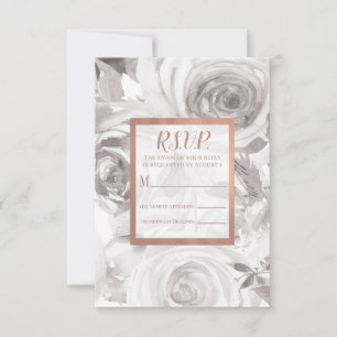 White Roses Pink Rose Gold Modern Wedding RSVP Card