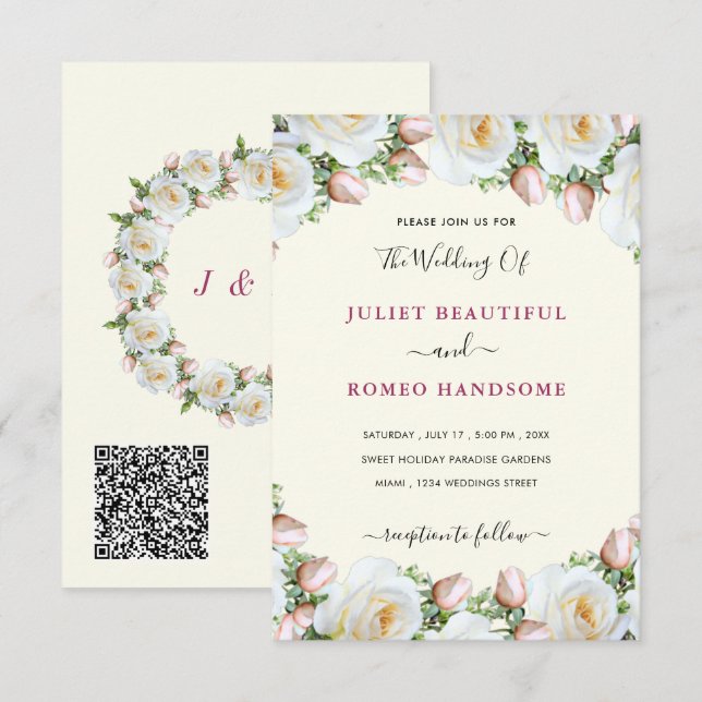 White Roses QR Code Wedding Invitations Example (Front/Back)