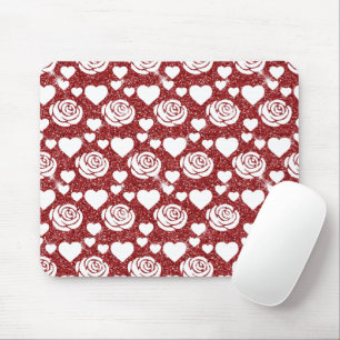 White Roses Red Glitter Flowers Lovers Floral Mouse Pad