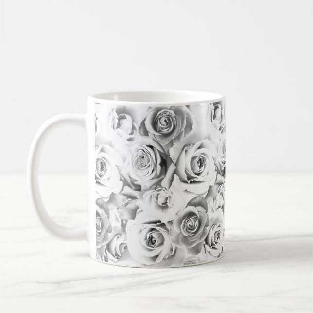 White Roses Repeating Floral Pattern Coffee Mug (Left)