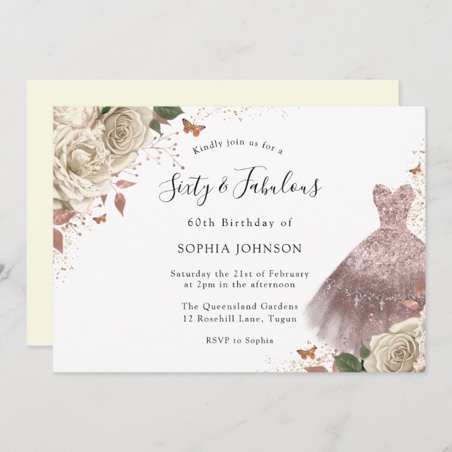 White Roses Rose Gold Sparkle Dress 60th Birthday Invitation (Front/Back)