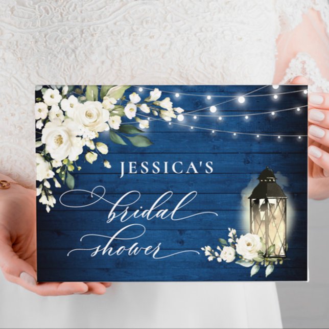 White Roses Royal Blue Wood Lantern Bridal Shower Guest Book (Creator Uploaded)