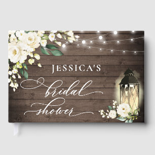 White Roses Rustic Wood Lantern Bridal Shower Guest Book