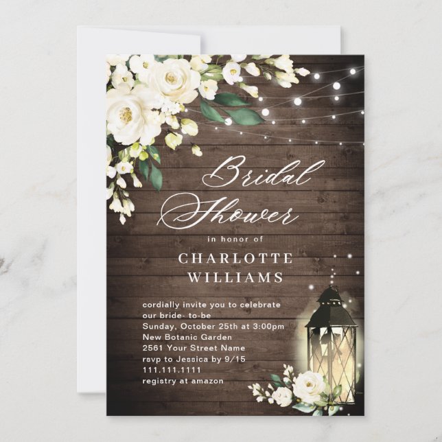 White Roses Rustic Wood Lantern Bridal Shower Invitation (Front)