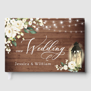 White Roses Rustic Wood Lantern PHOTO Wedding Guest Book