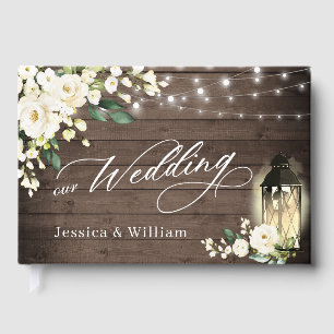 White Roses Rustic Wood Lantern PHOTO Wedding Guest Book