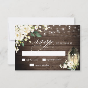 White Roses Rustic Wood Lantern RSVP Card