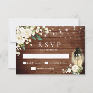 White Roses Rustic Wood Lantern RSVP Card