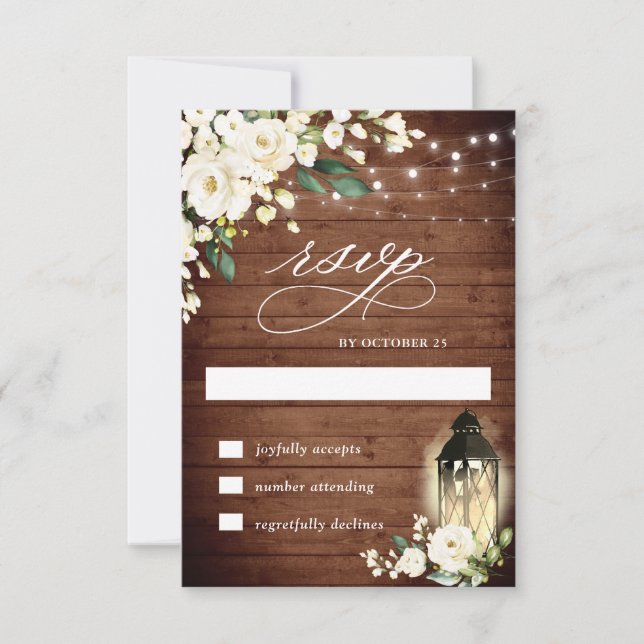 White Roses Rustic Wood Lantern RSVP Card (Front)