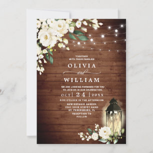 White Roses Rustic Wood Lantern Watercolor Wedding Invitation