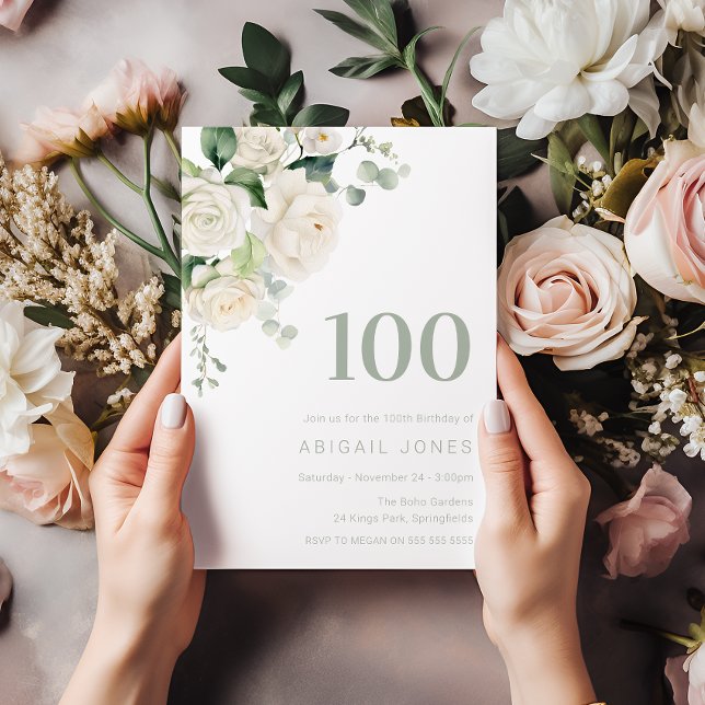 White Roses & Sage 100th Birthday Party Invitation (Creator Uploaded)